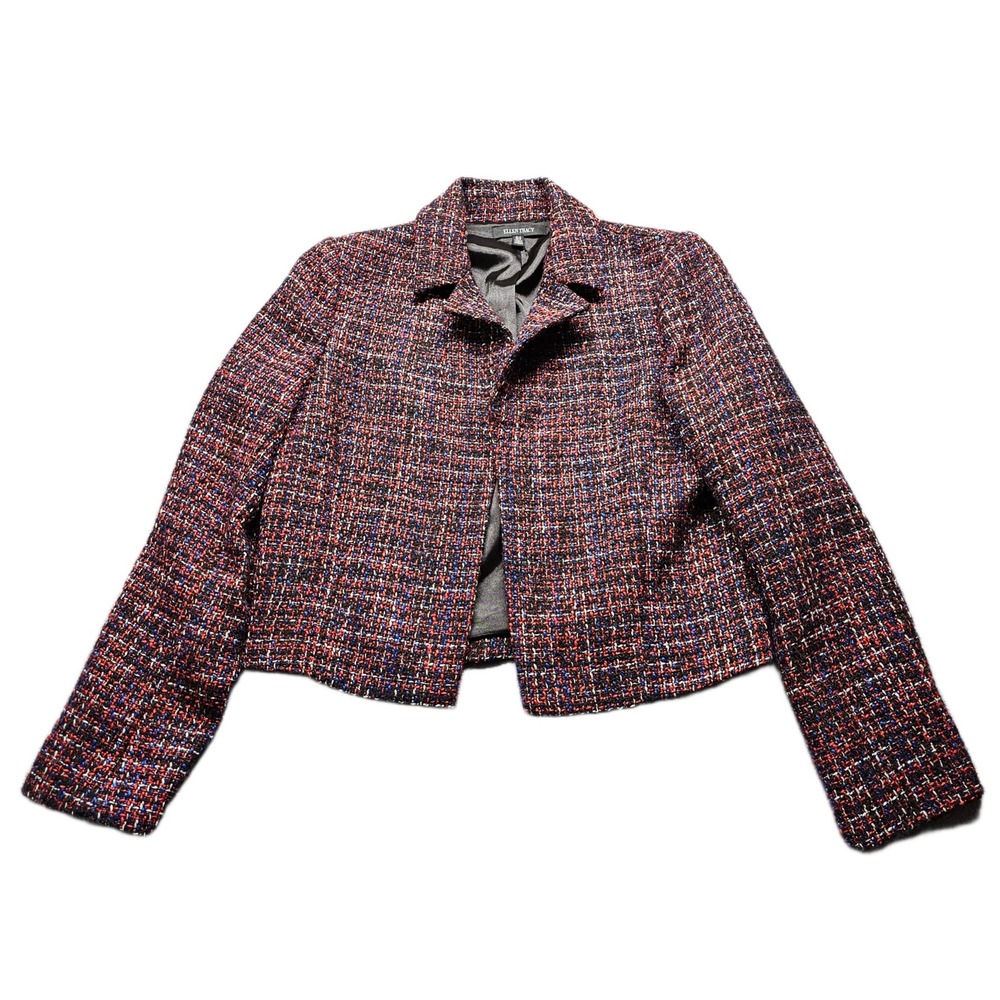 Ellen Tracy Blazer Jacket Womens 12 Multi Tweed Cropped Notch Lapel Open Front